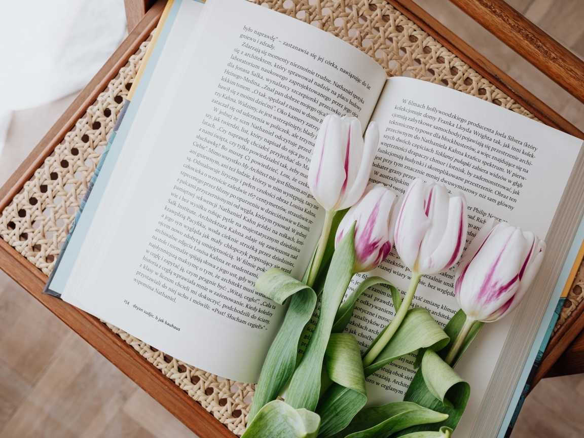 Букет розовых тюльпанов с книгой