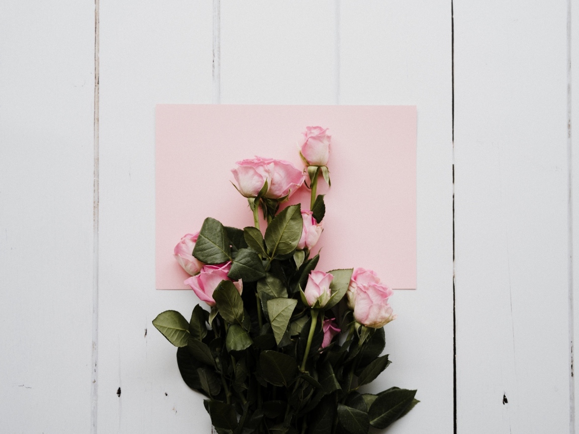 Букет роз с розовым листом бумаги на столе