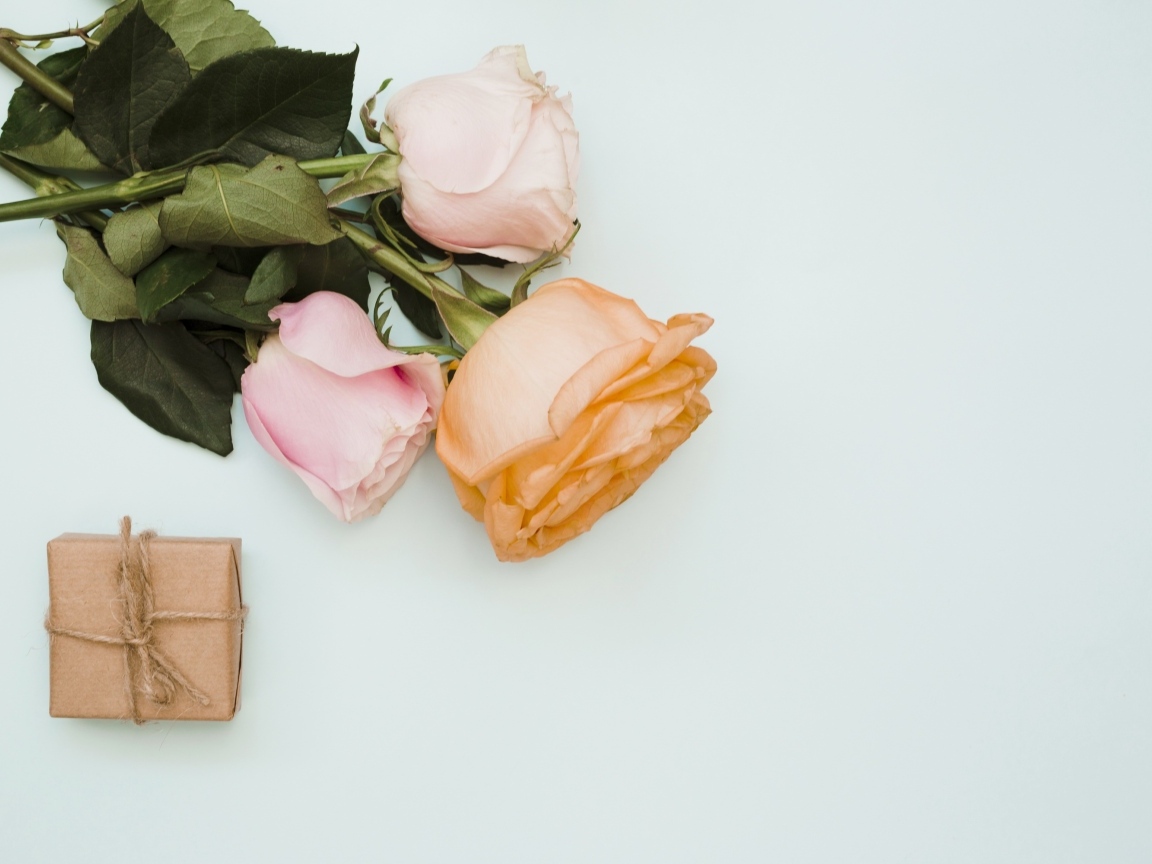 Три розы и подарок на сером фоне