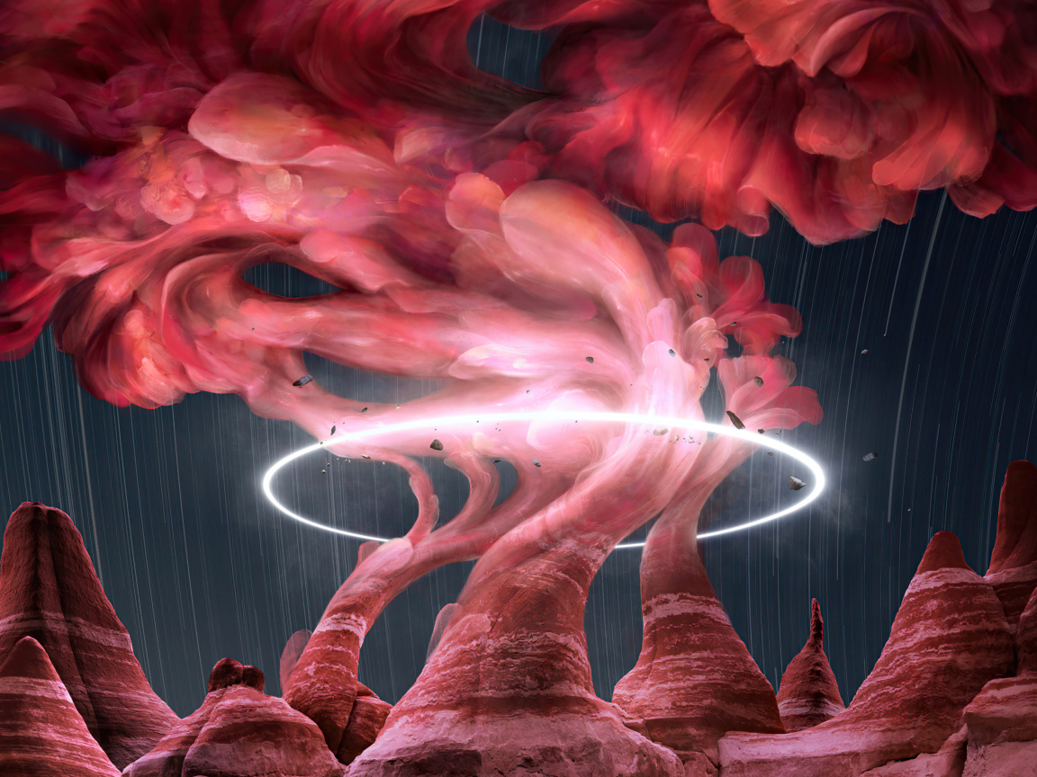 Красный дым над скалами