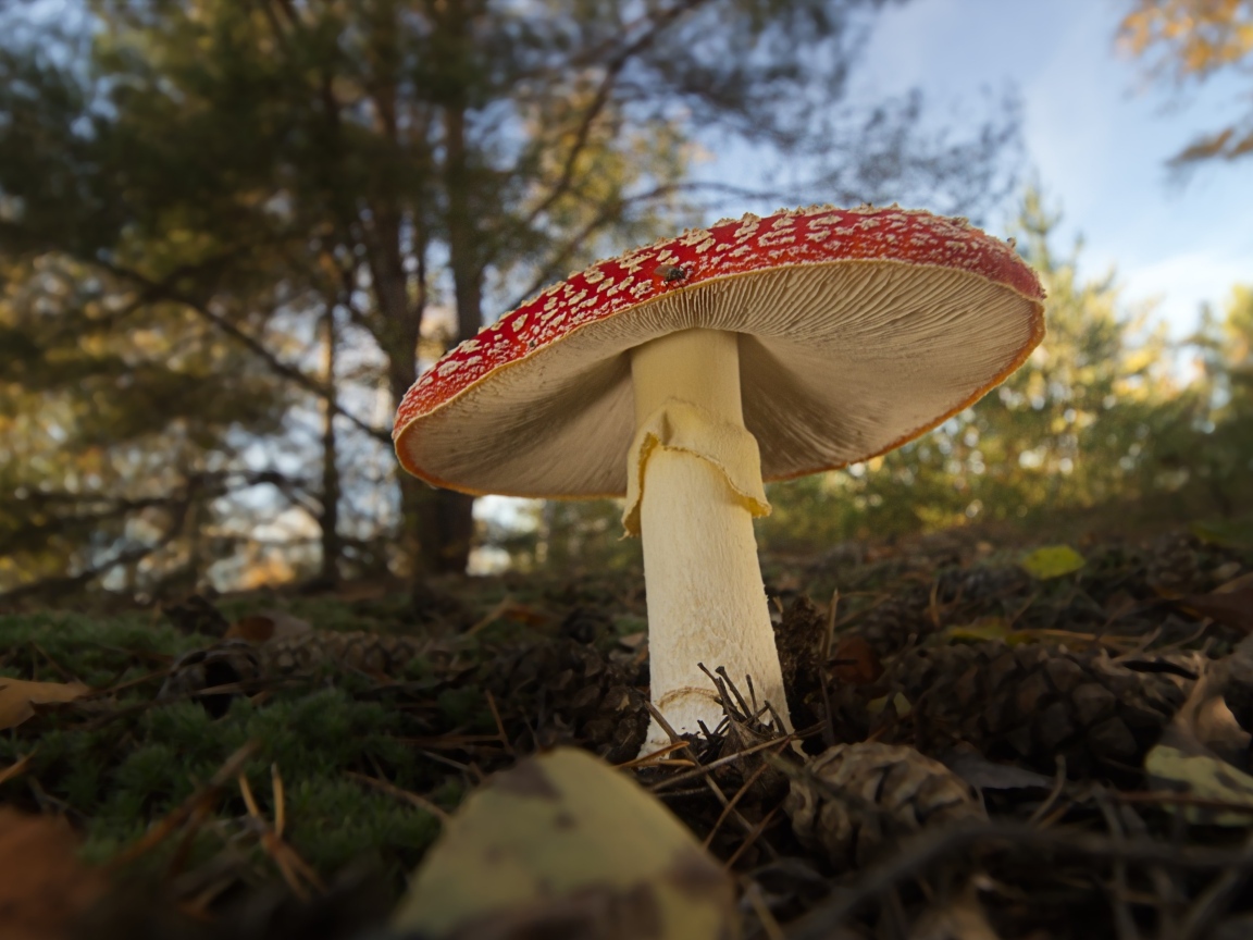 Большой гриб мухомор растет в лесу