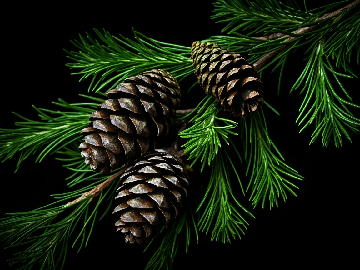 Большие шишки на зеленой ветке ели на черном фоне