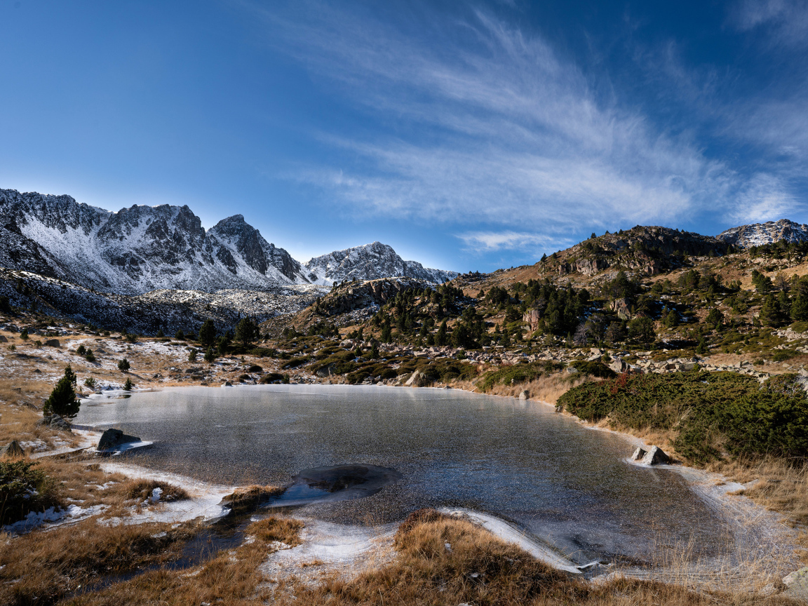 Заледеневшее маленькое озеро в горах