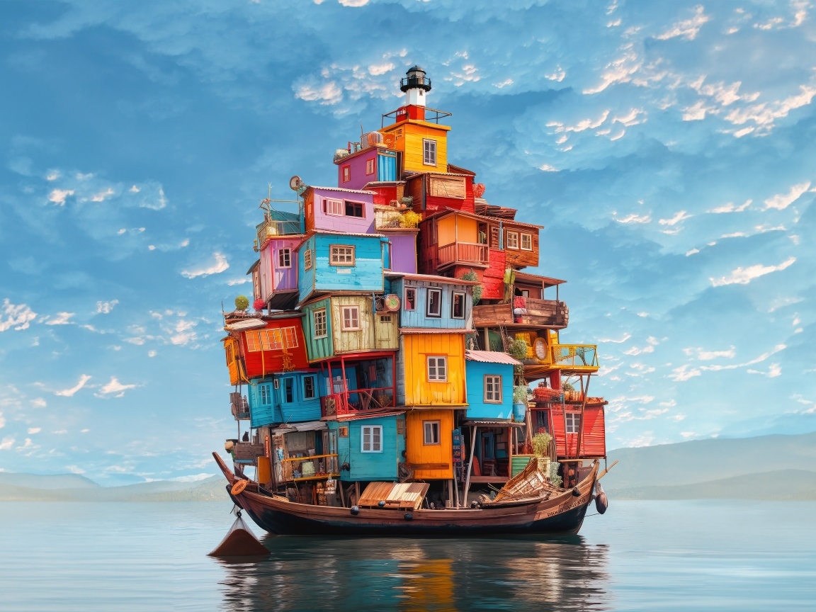 Маленькие разноцветные домики на лодке