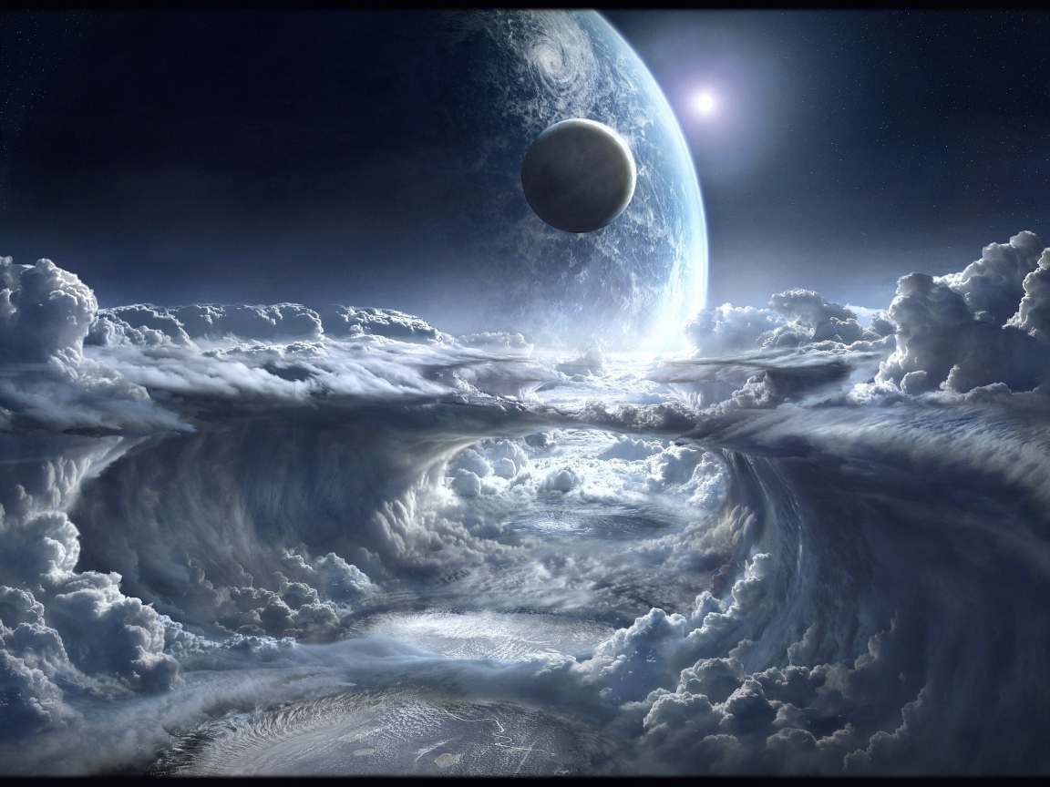 Планета над белыми облаками в космосе