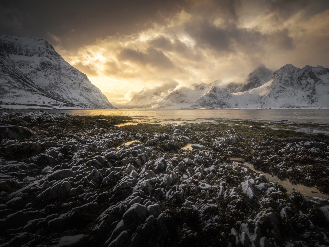 Заледеневший берег залива в горах, Лофотенские острова Норвегия