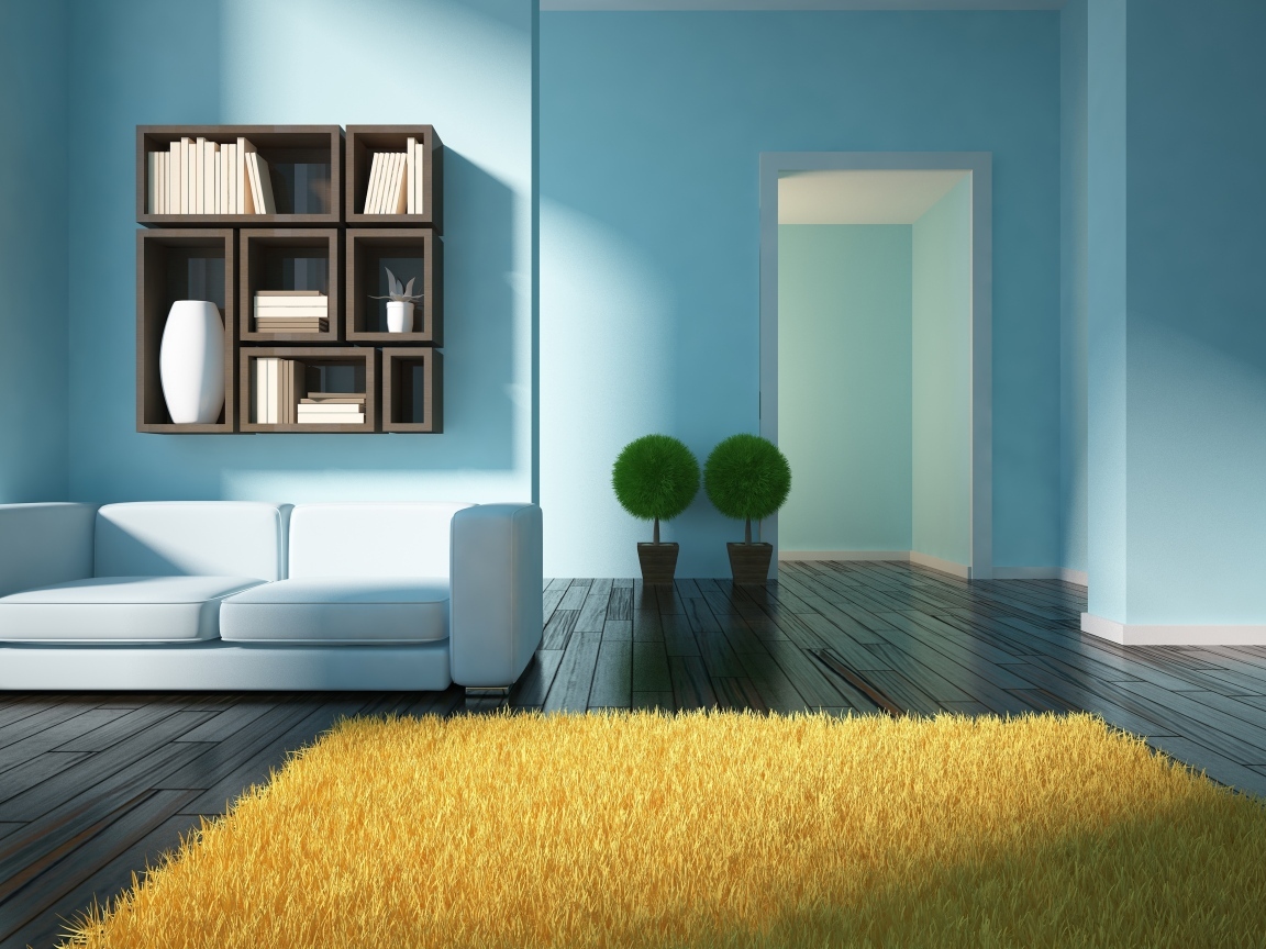 Минималистический интерьер в комнате с голубыми стенами