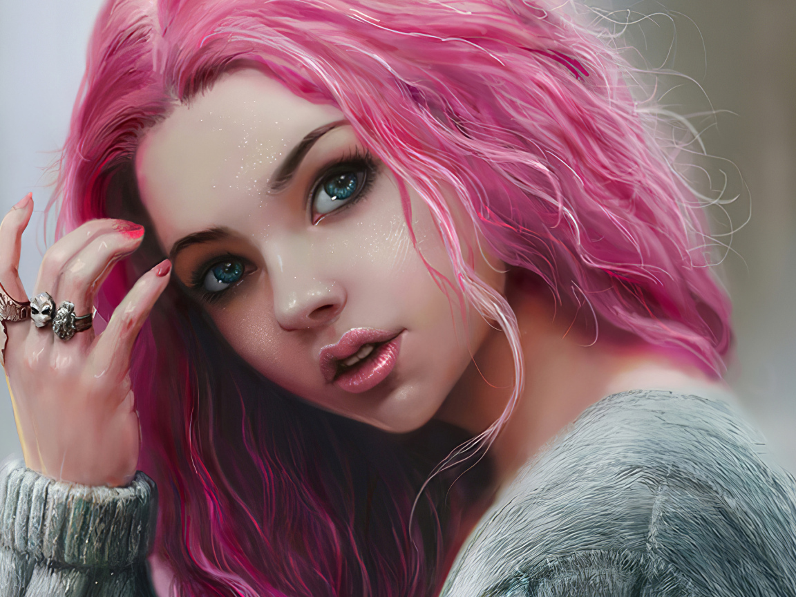Девушка 3д с розовыми волосами и кольцами на руке