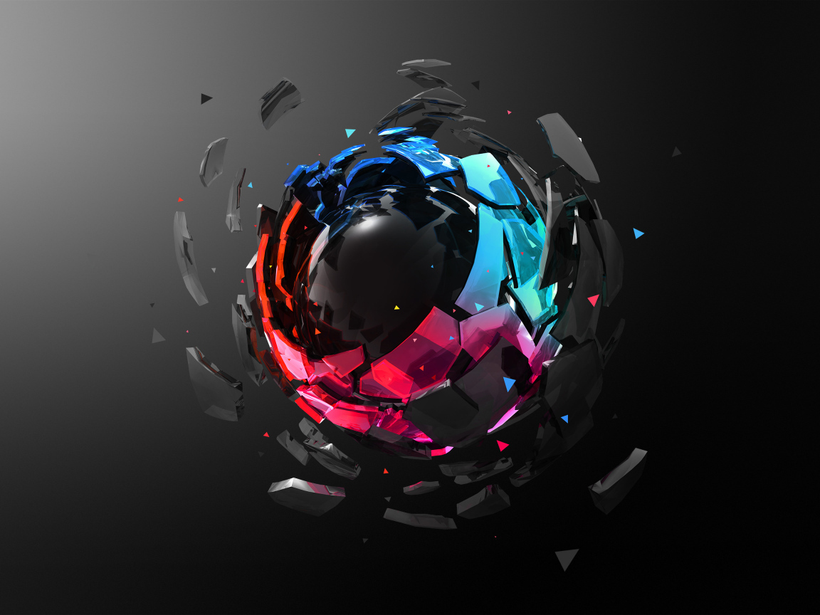 Разрывающийся 3д шар на черном фоне