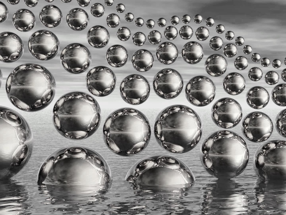 Много стеклянных 3д шаров в полете на сером фоне