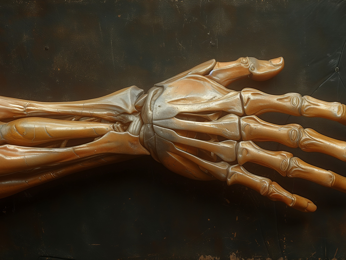 Рука скелета на серой поверхности 3д графика