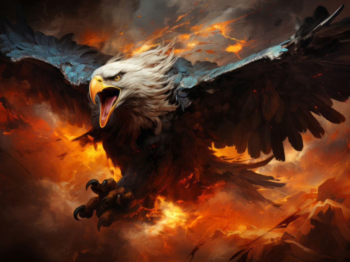 Хищный орел летит в огненном небе