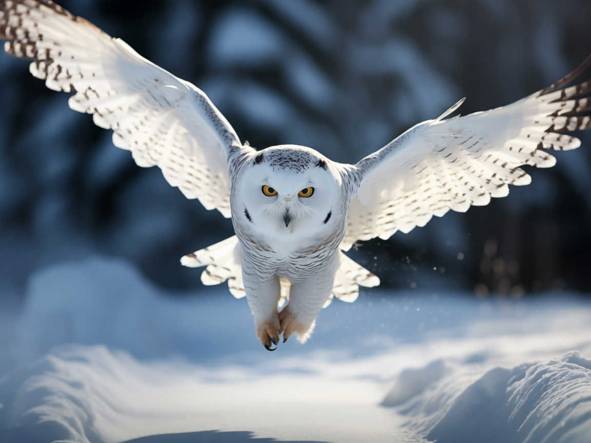 Большая белая сова летит над снегом