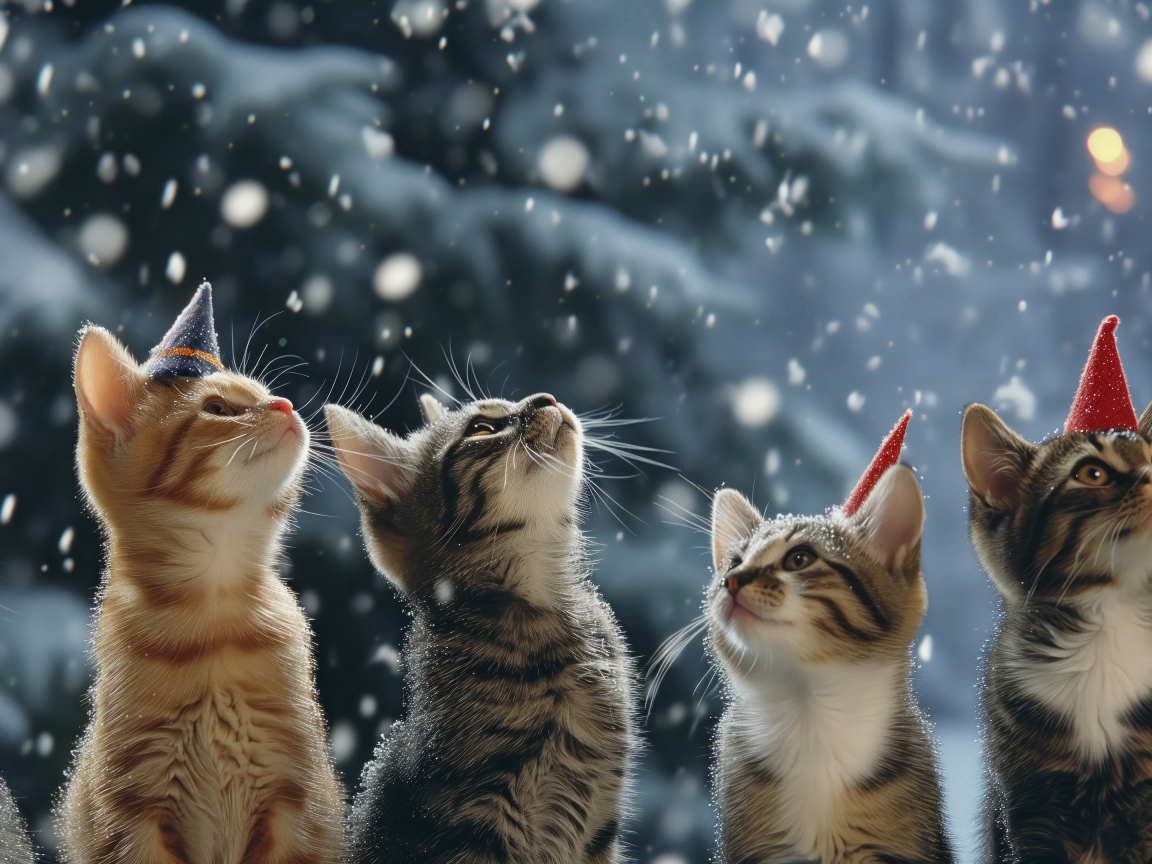 Рождественские коты смотрят вверх на снег
