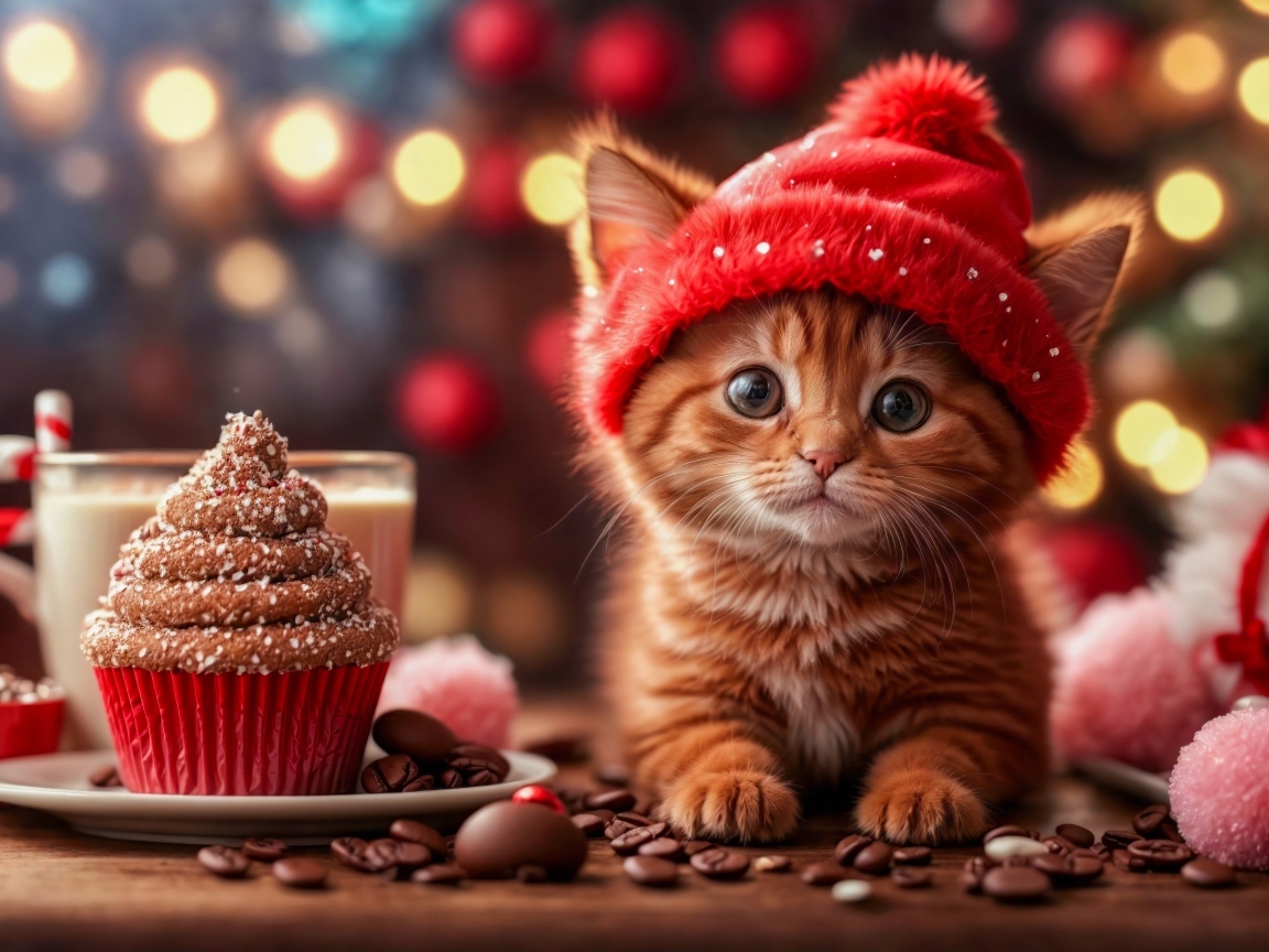 Милый маленький рыжий котенок с пирожным