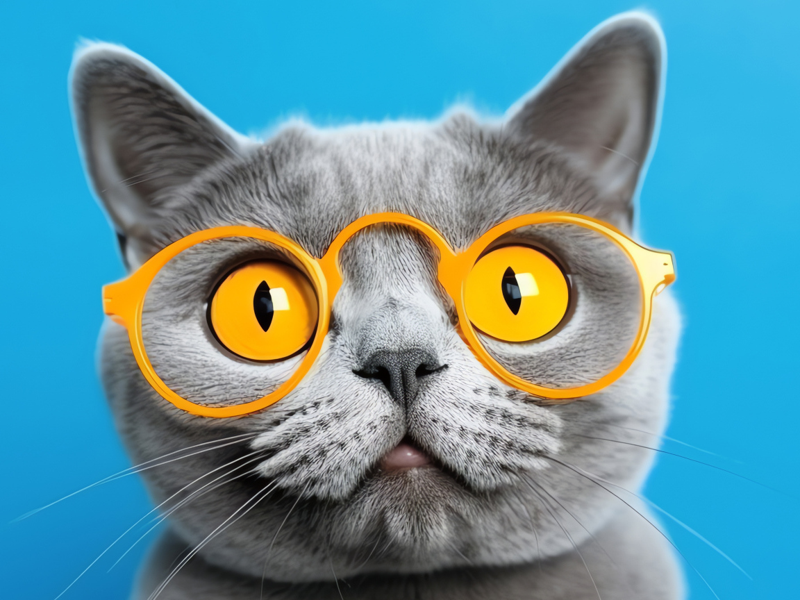 Серый кот в желтых очках на голубом фоне