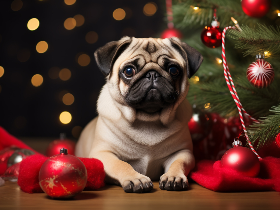 Мопс лежит у наряженой ели с красными шарами