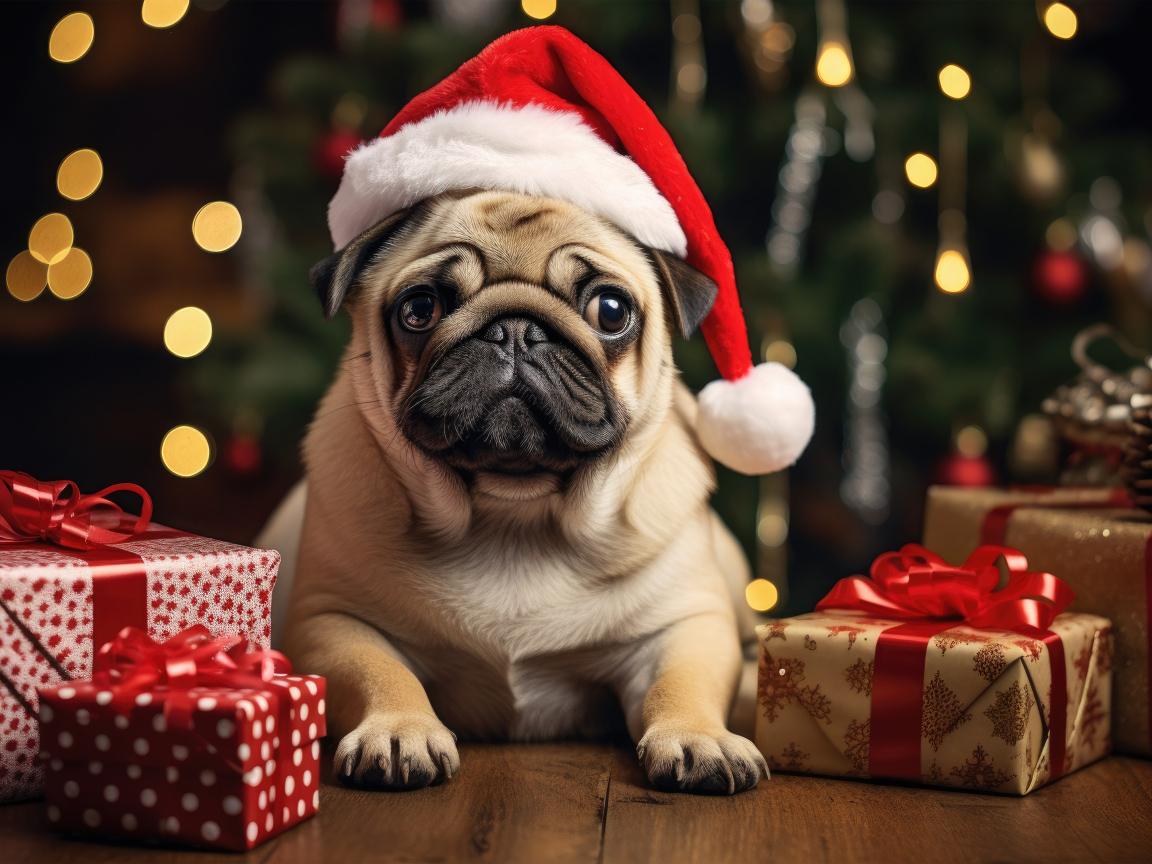 Мопс с подарками под новогодней елкой