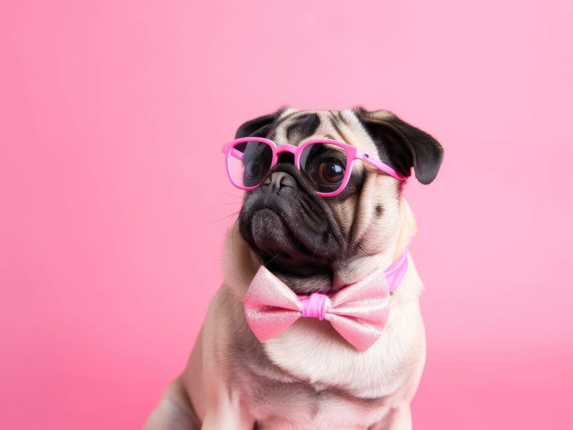 Мопс в очках на розовом фоне