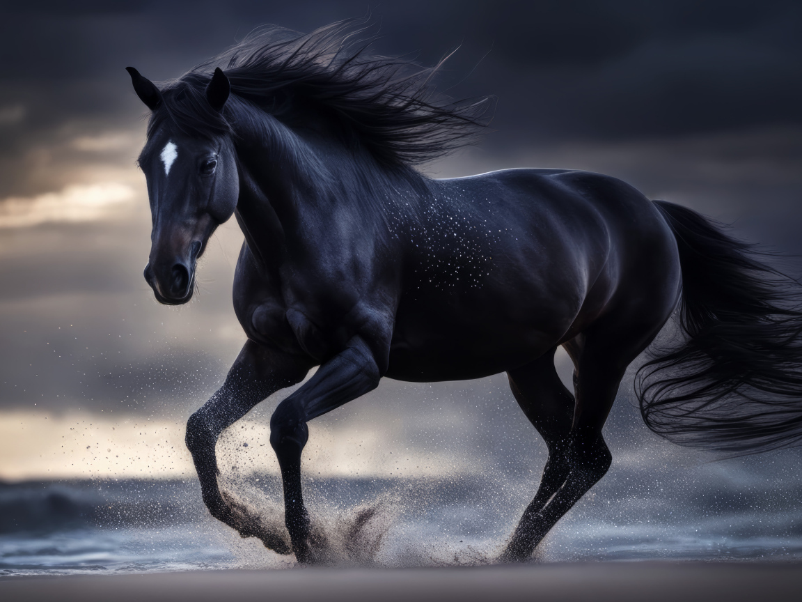 Красивый черный конь скачет по песку у моря