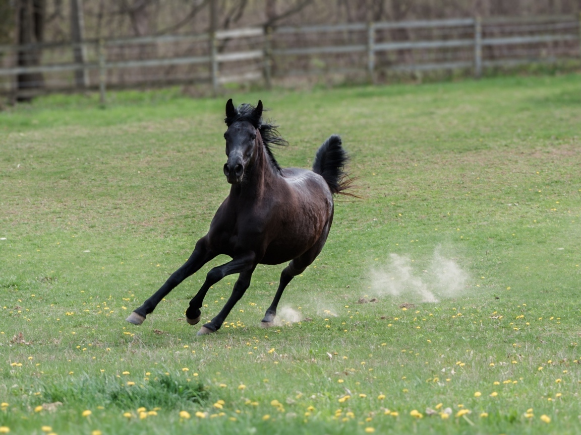 Галоп большого черного коня по зеленой траве