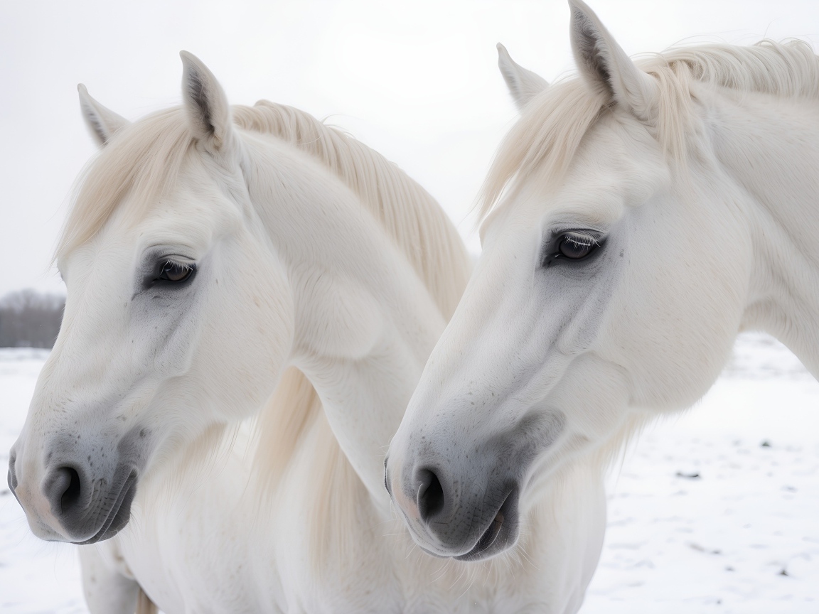 Две красивые белые лошади зимой