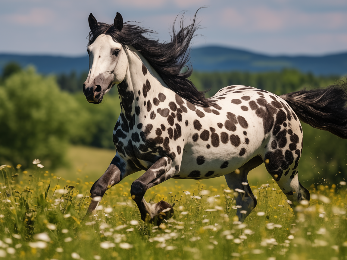 Белая лошадь в черных пятнах на пастбище