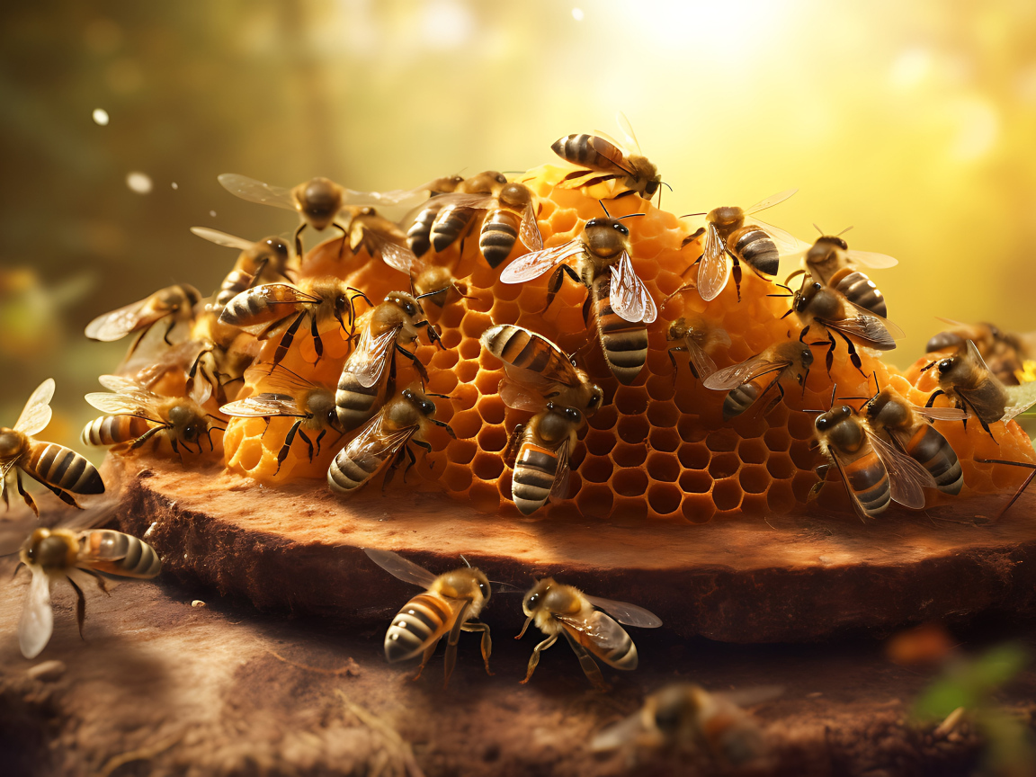 Рой пчел сидит на медовых сотах 