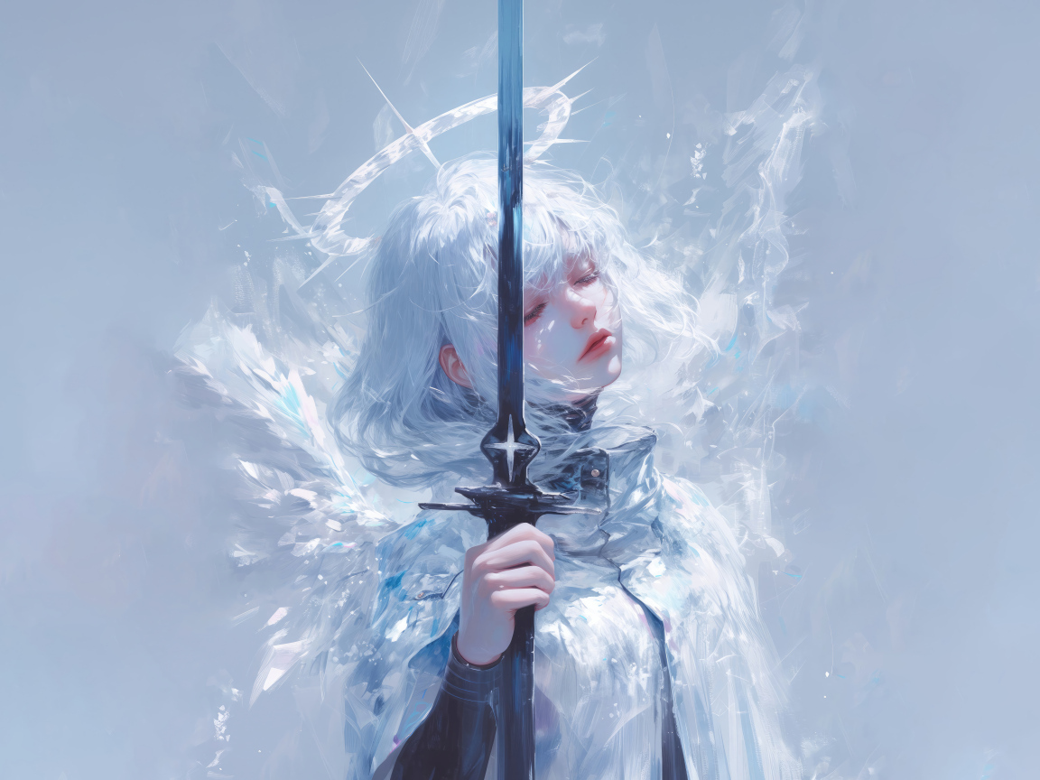 Девушка аниме ангел с оружием на сером фоне