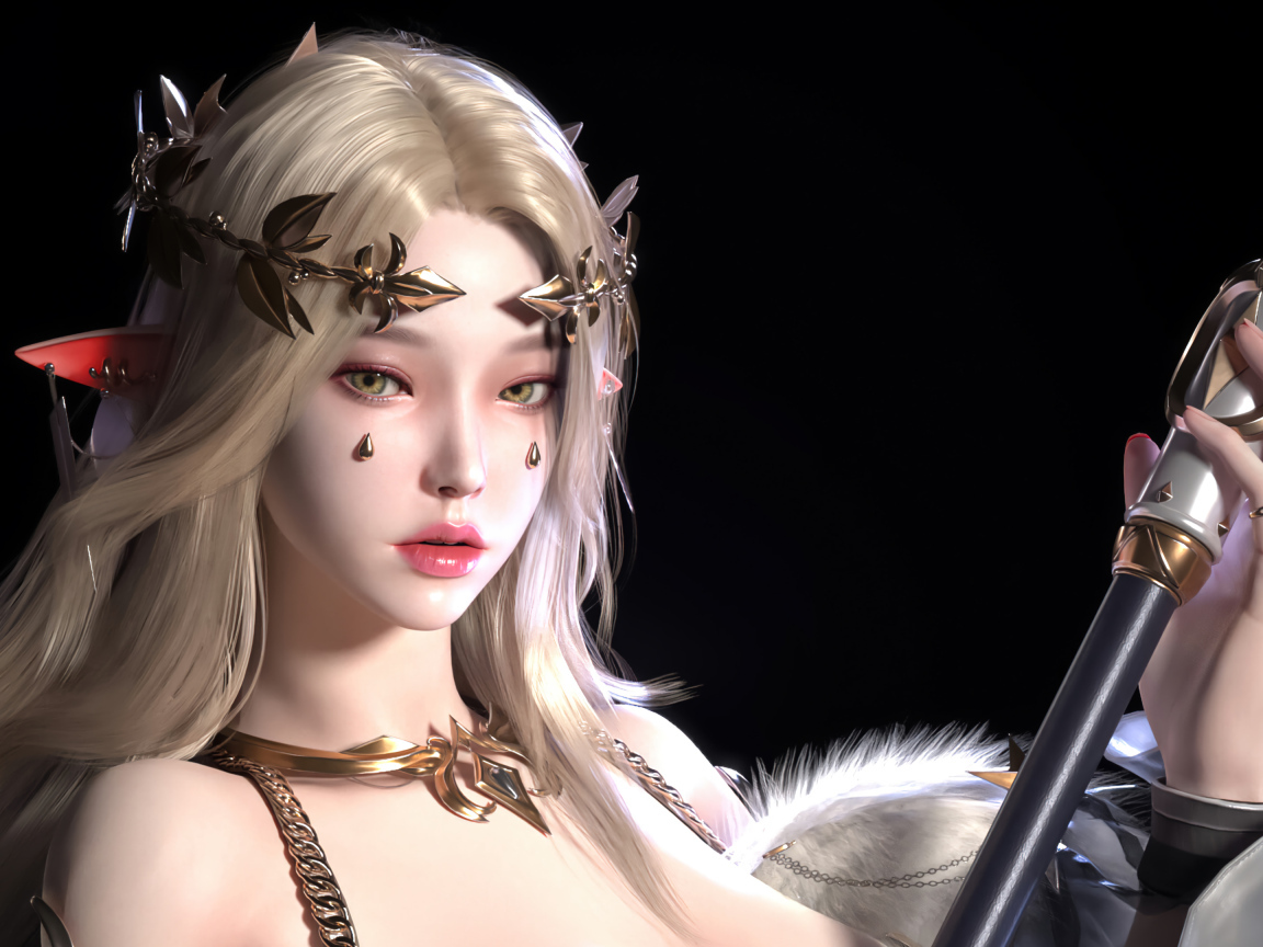 Девушка аниме эльф с украшениями на теле