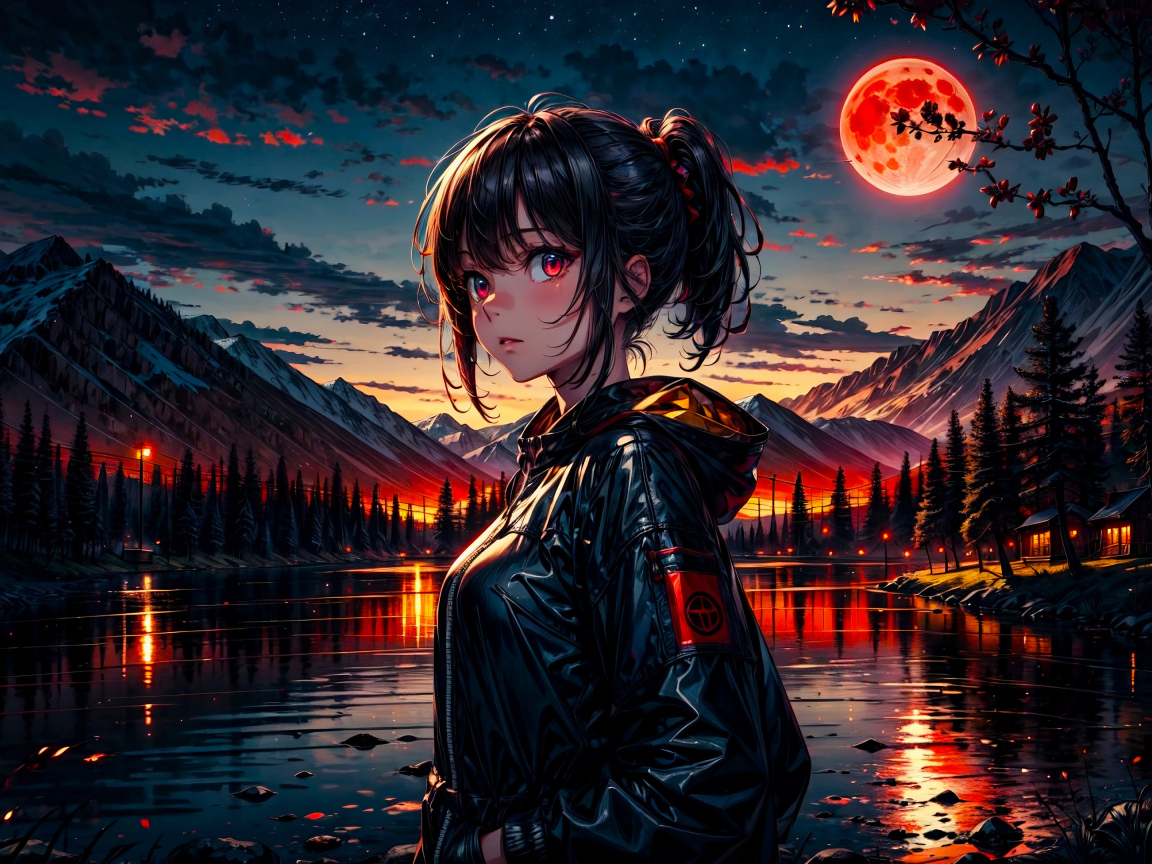 Девушка аниме в черной куртке у реки на фоне луны