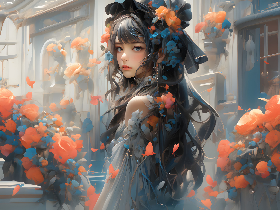 Девушка аниме в шляпе с комнате с цветами