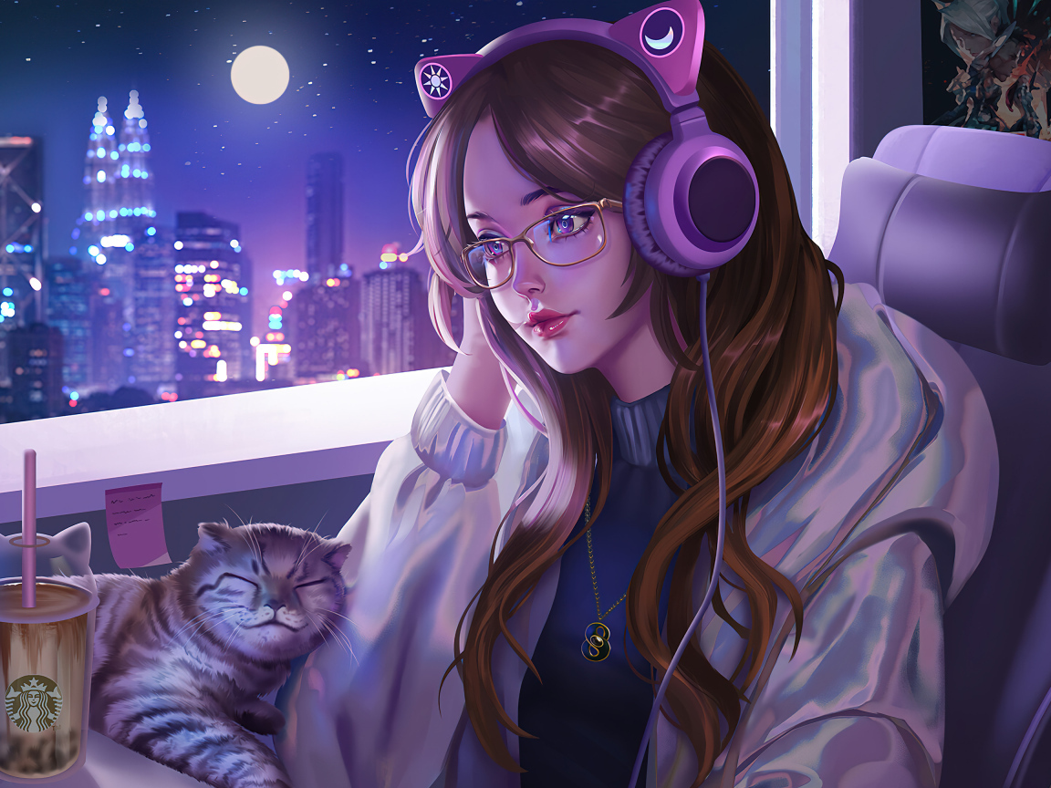 Девушка аниме в наушниках в комнате с котом