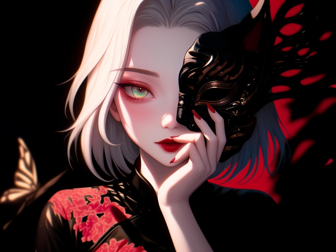 Девушка аниме в кимоно закрывает лицо маской