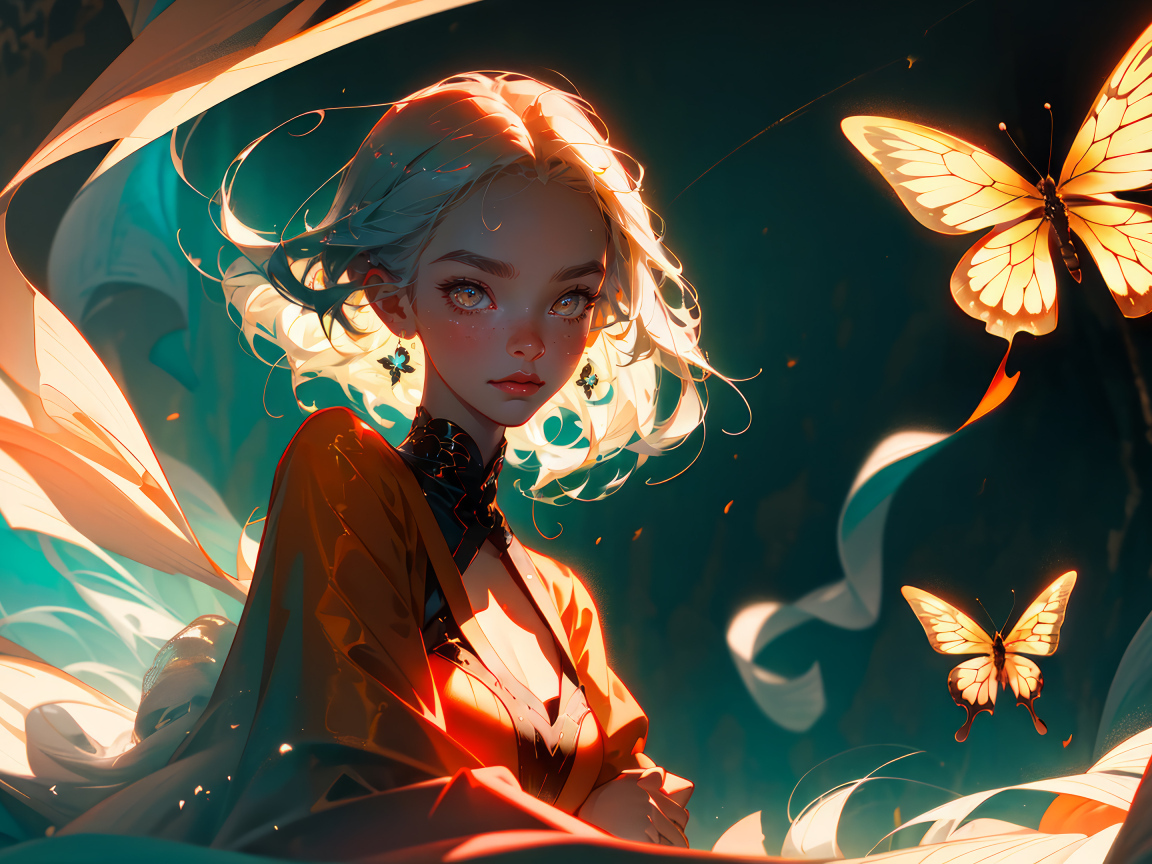 Девушка аниме в лучах света с бабочками