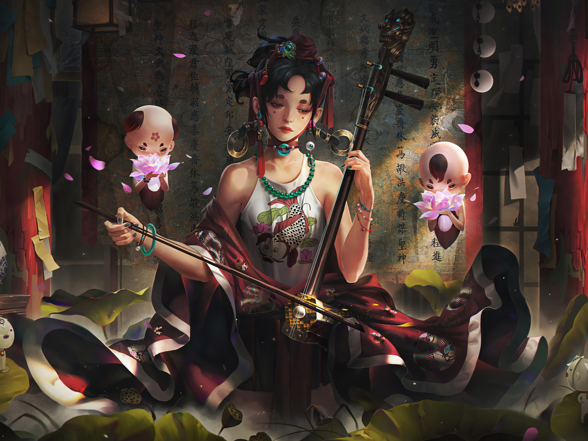 Девушка аниме играет на музыкальном инструменте