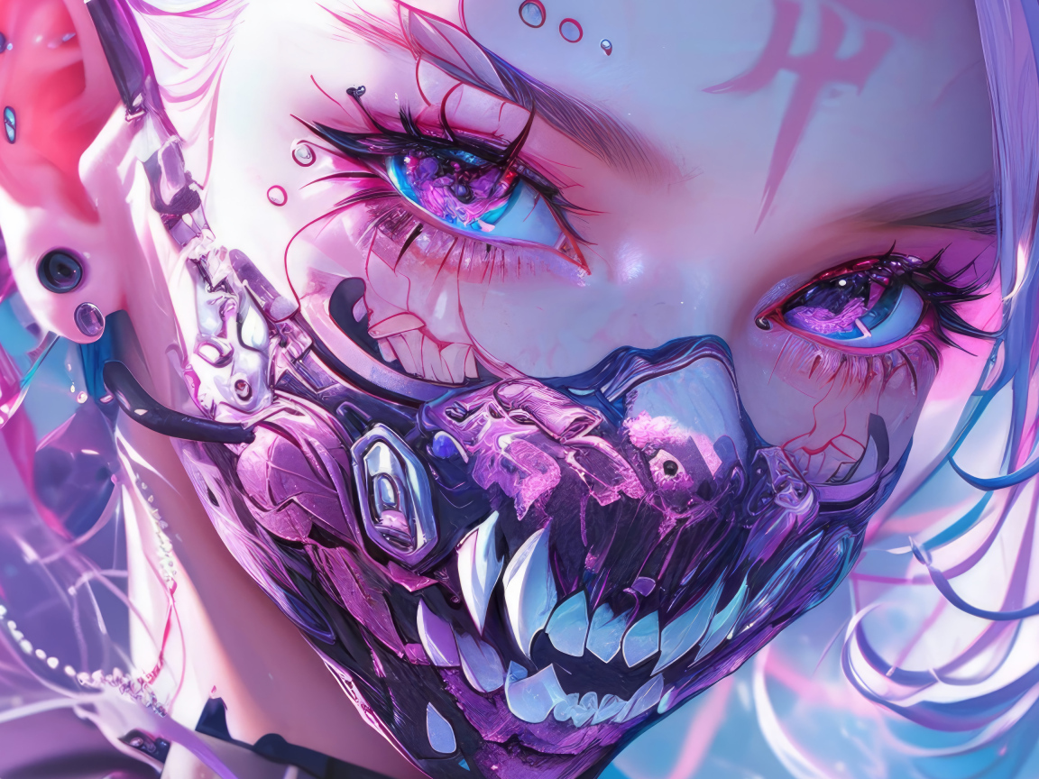 Аниме девушка с маской с острыми клыками на лице