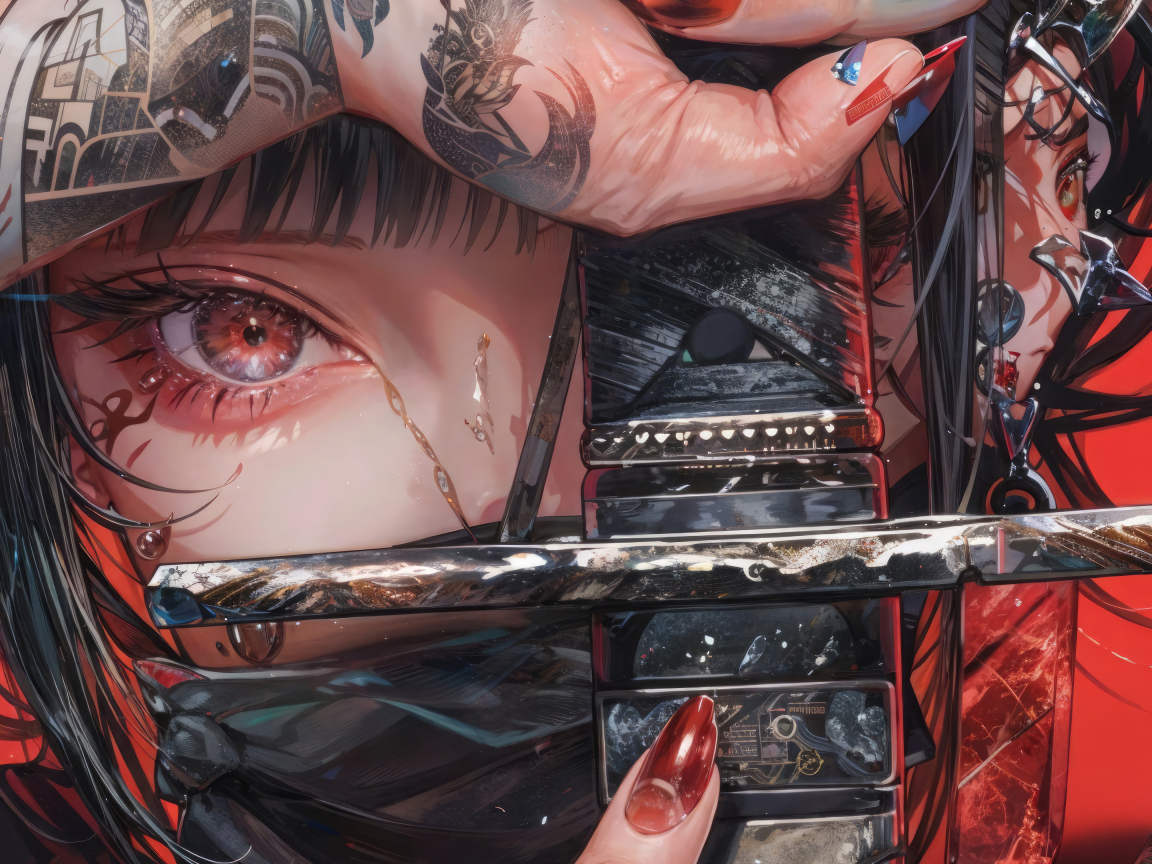 Аниме девушка с красными глазами держит меч