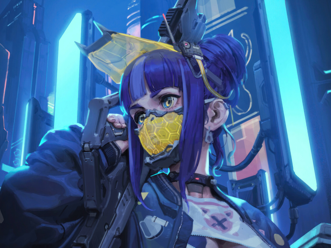 Девушка аниме солдат с маской на лице