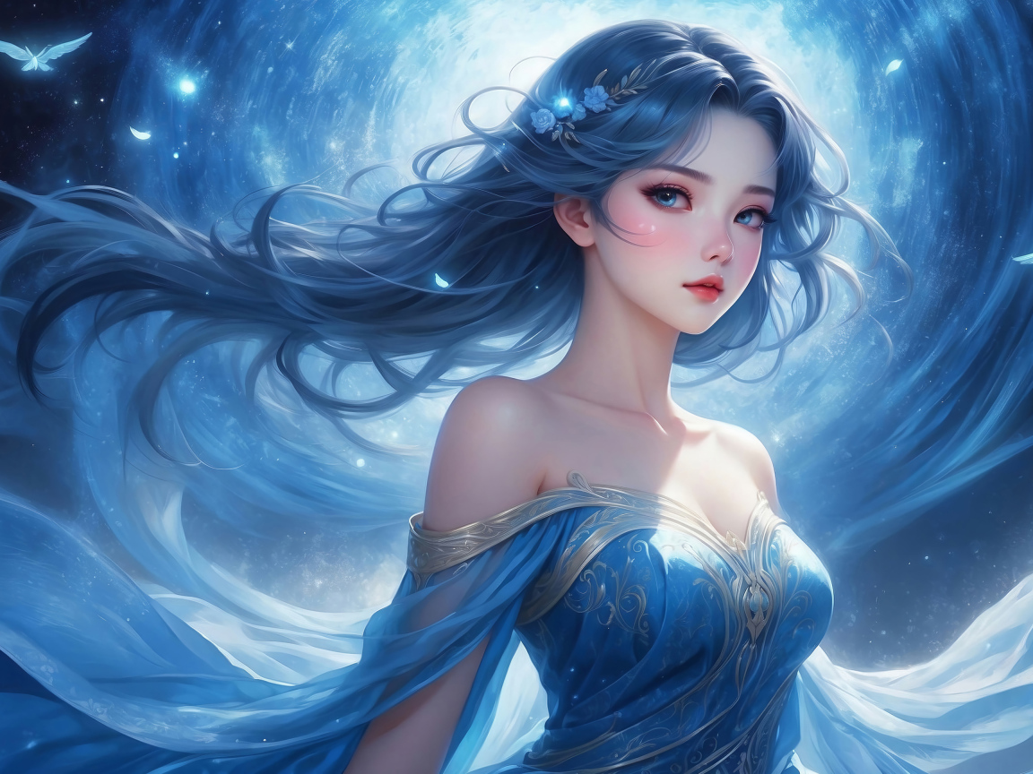 Красивая девушка аниме на фоне лунного сияния