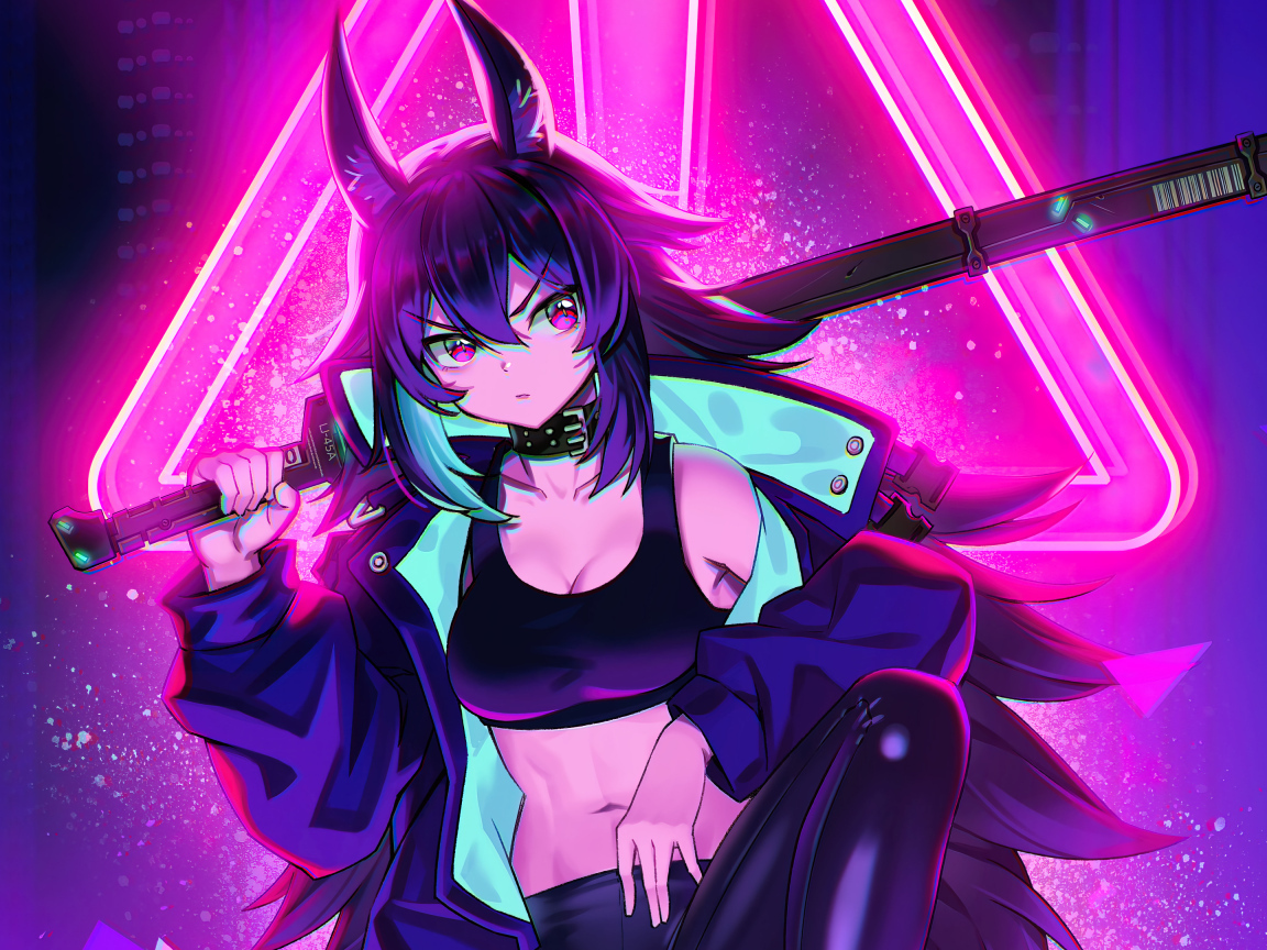 Девушка аниме cyberpunk с катаной в руках