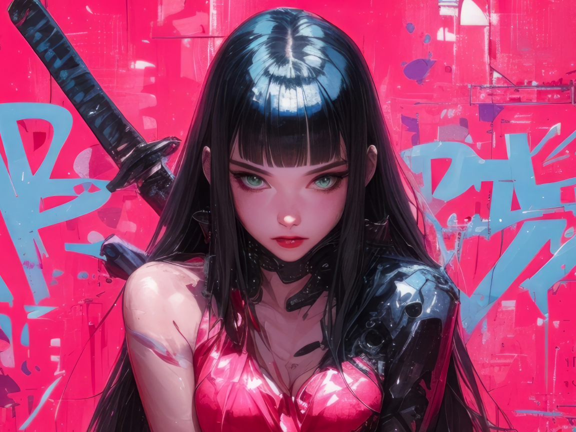 Суровая аниме девушка с катаной за спиной