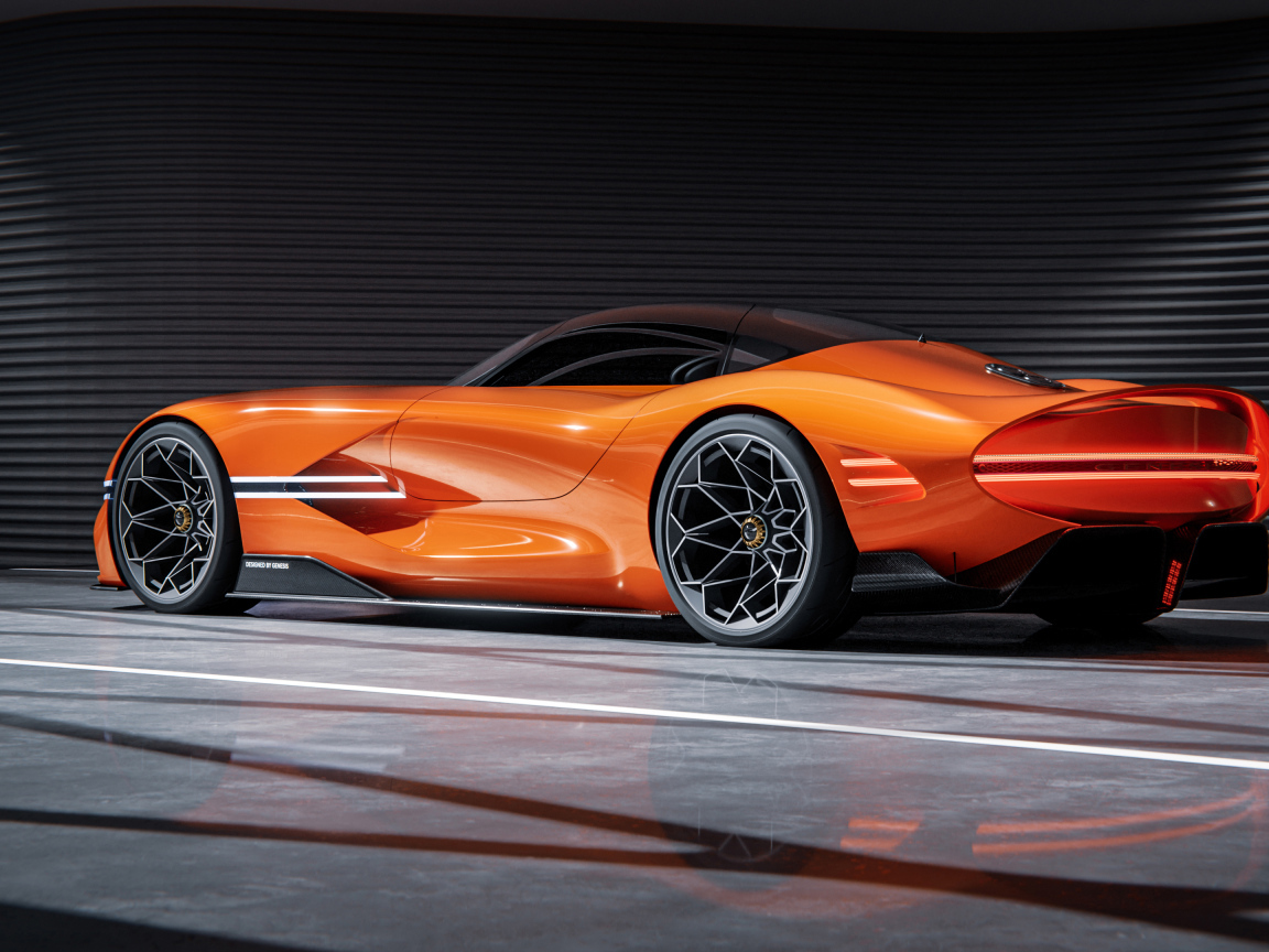 Вид сзади на оранжевый автомобиль концепт Genesis X Gran Berlinetta