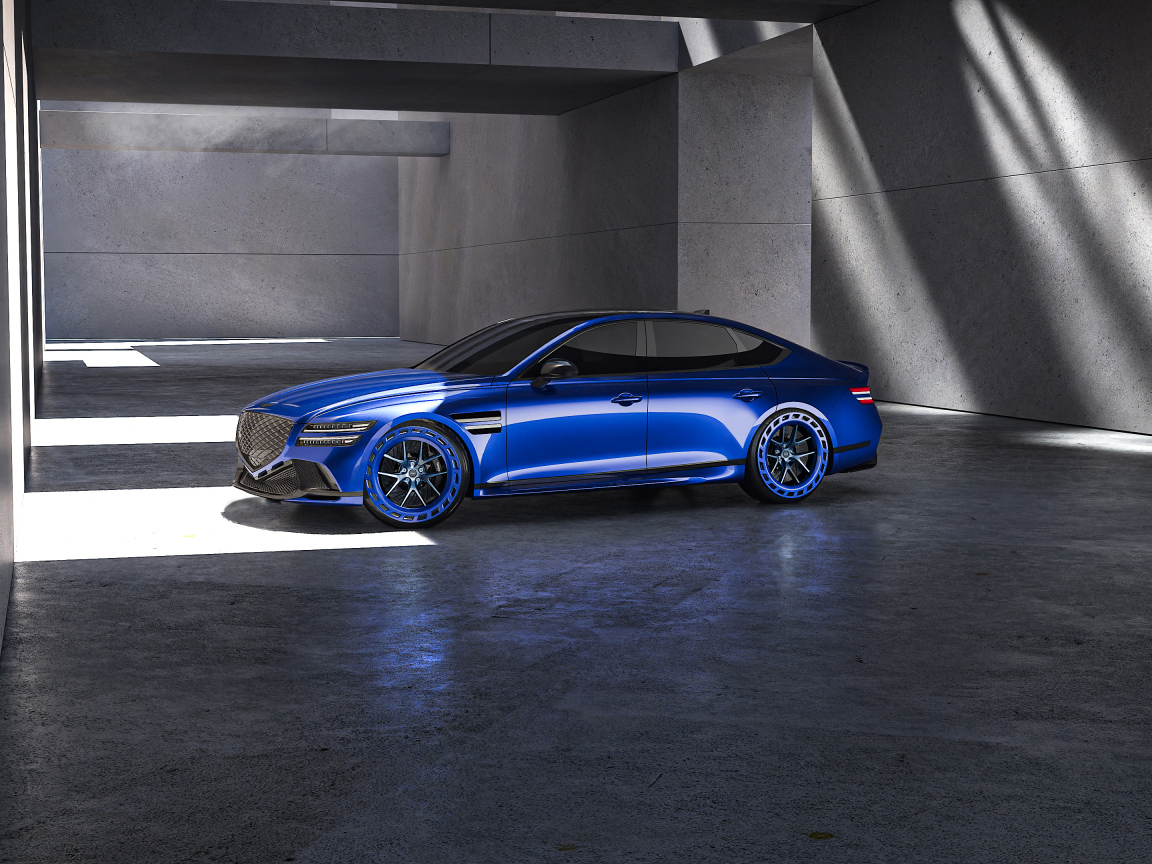 Вид сбоку на синий автомобиль  Genesis G80 EV Magma Concept 2024 года