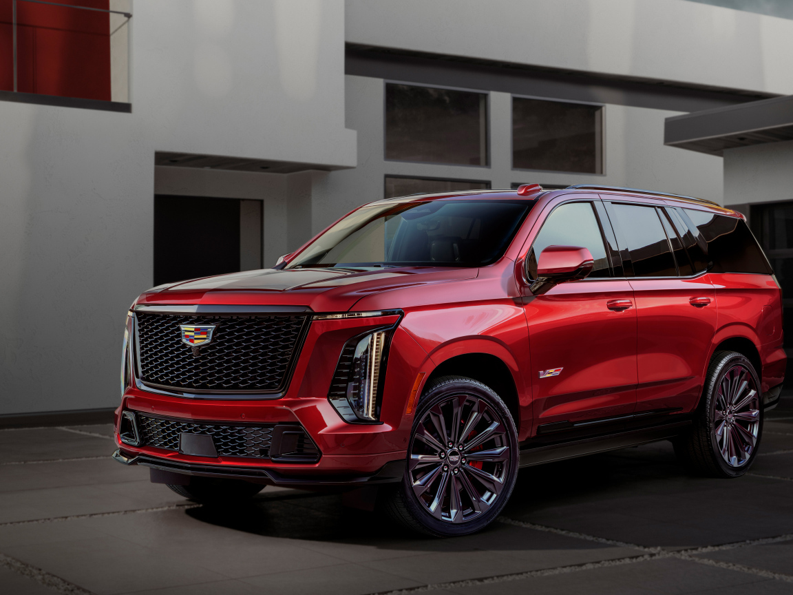 Красный Cadillac Escalade-V 2025 года вид спереди