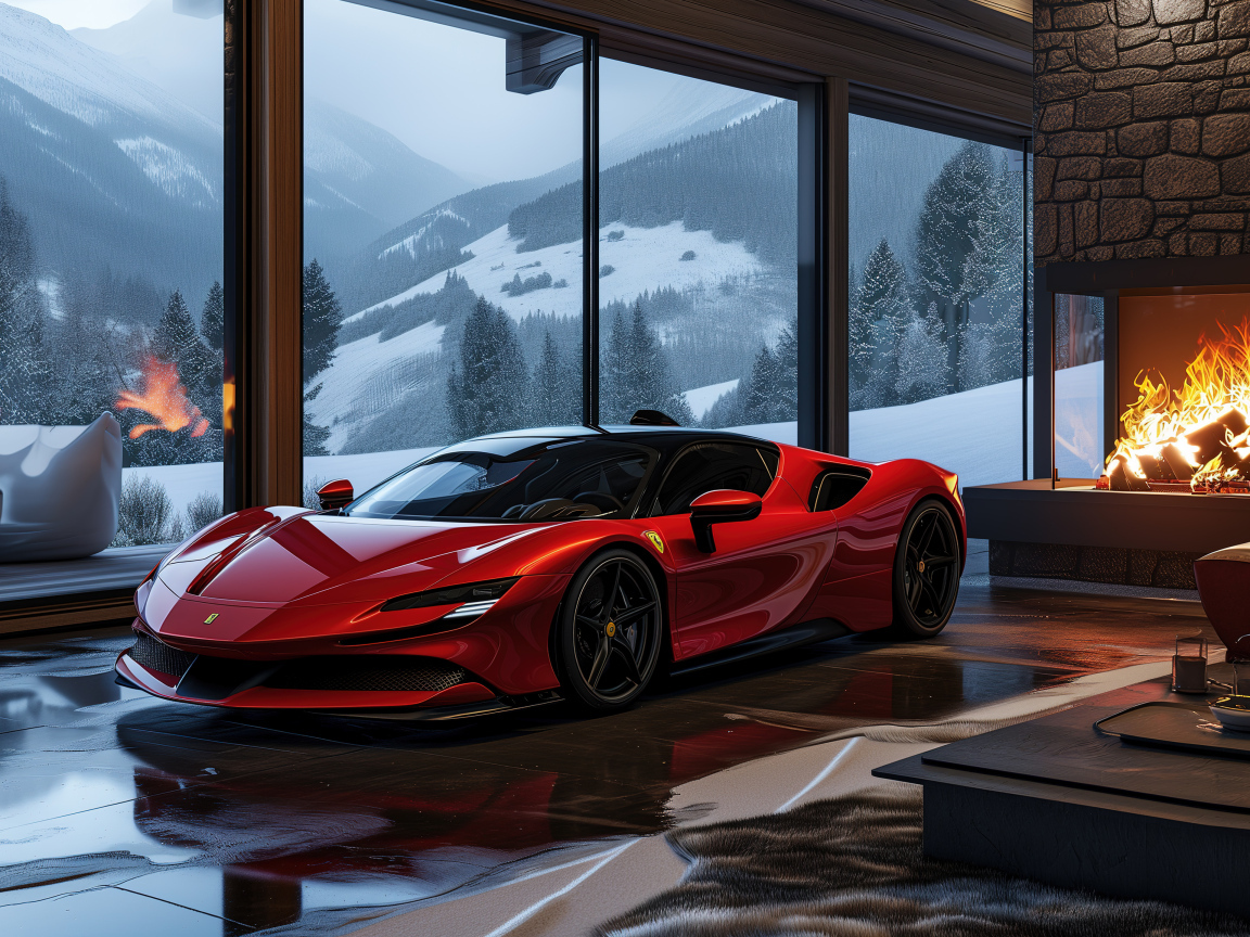 Красный автомобиль Ferrari SF90 Stradale AI в комнате с камином