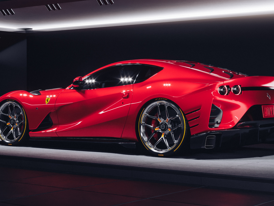 Красный быстрый автомобиль Ferrari 812 Competizione вид сзади