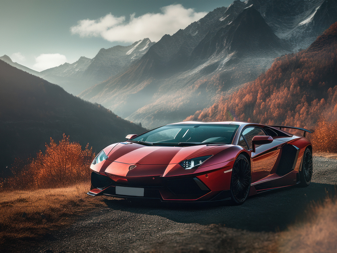 Автомобиль Lamborghini Aventador Autumn Road  в горах
