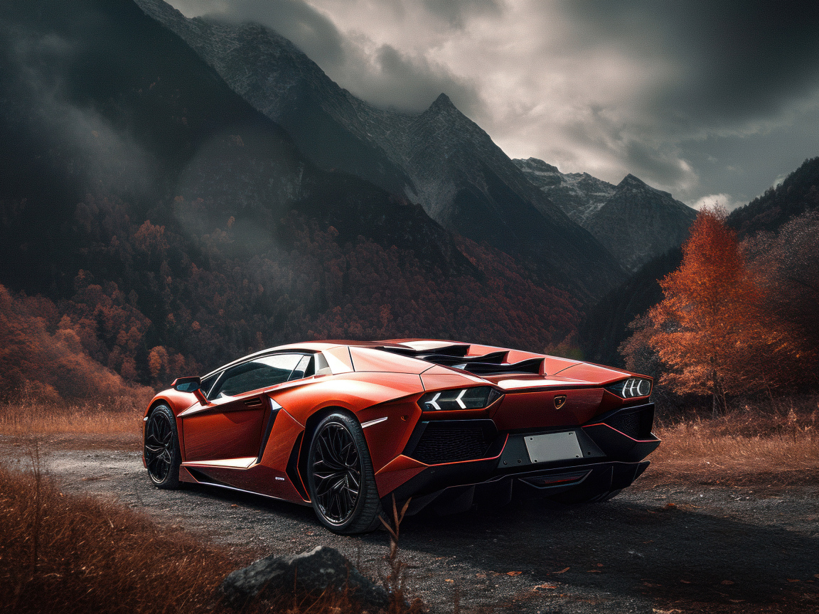 Вид сзади на автомобиль Lamborghini Aventador