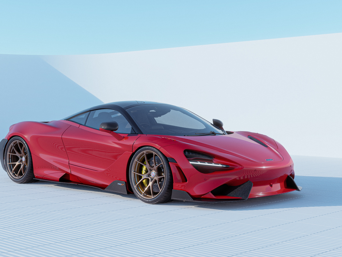 Красный автомобиль  McLaren 765LT CGI на сером фоне